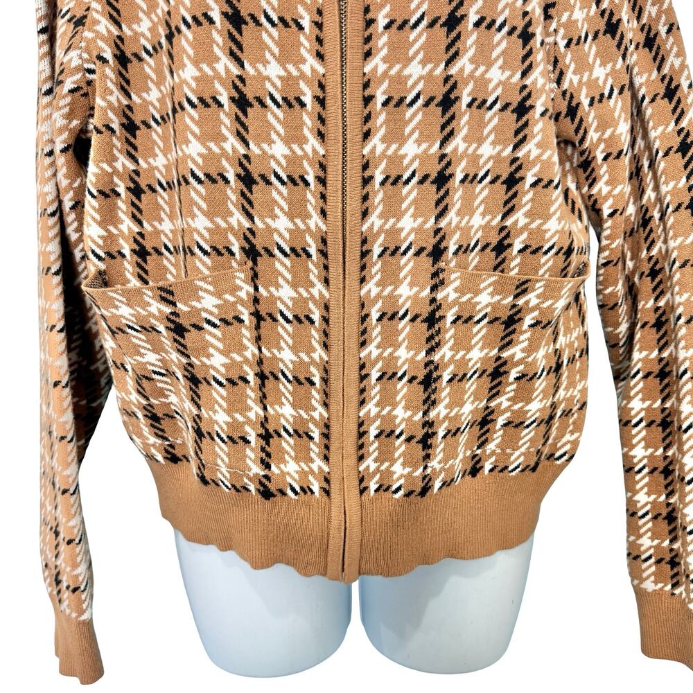 Rachel Zoe Tan Brown White Black Plaid Zip Up Collared Cardigan Sweater size L - Picture 6 of 6